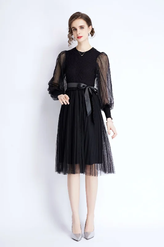 Black Evening A-line Crewneck Long Sleeve Knee Lace Dress Lace Dress with Belt