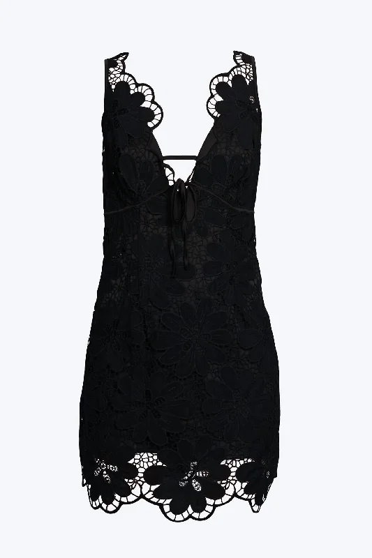 Malika Embroidered Lace Mini Dress In Black Tiered Lace Gown