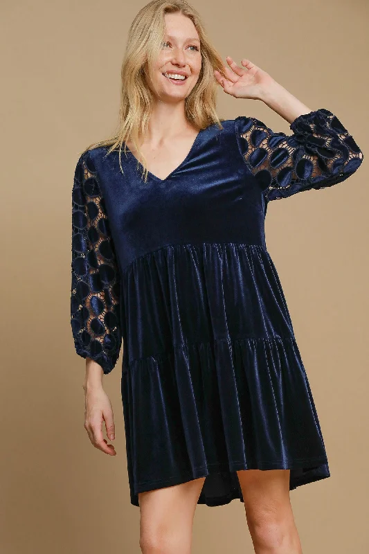 Umgee Dotted Lace Sleeve Tiered Velvet Mini Dress Satin Lace Dress