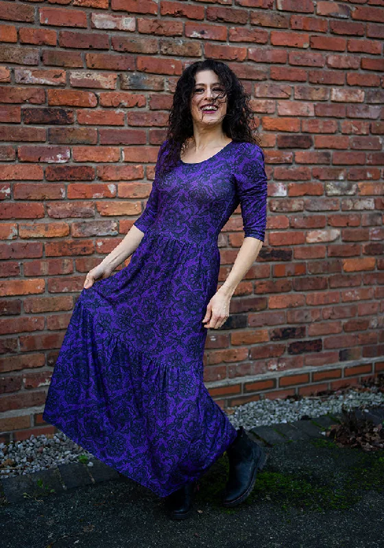 Poema Purple Lace Print Tiered Hem Midaxi Dress Elegant Lace Design