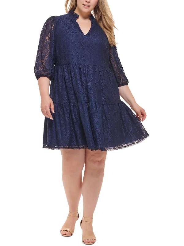 Plus Womens Lace Puff Sleeve Fit & Flare Dress Lace Dress Formal