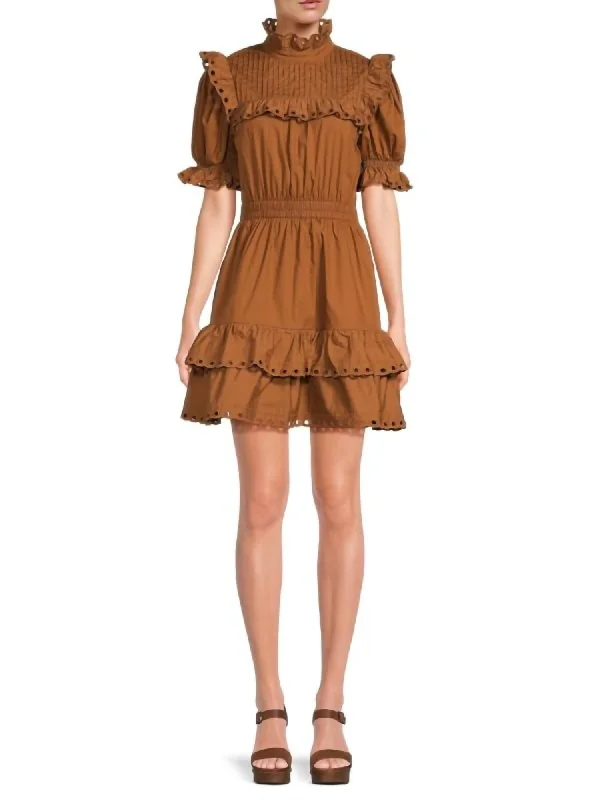 Lace Trim Puff Sleeve Mini Dress In Caramel Pink Lace Dress