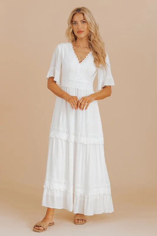 White Short Sleeve Lace Maxi Dress Lace Mini Dress