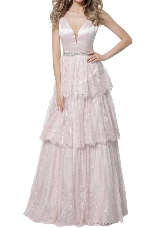 Tiered Lace Gown In Petal Pink Lace Shift Dress