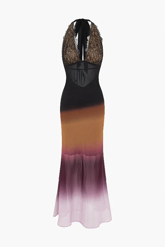 Ombre Print Mesh Backless Lace Sleeveless Maxi Dress Lace Dress Dreamy