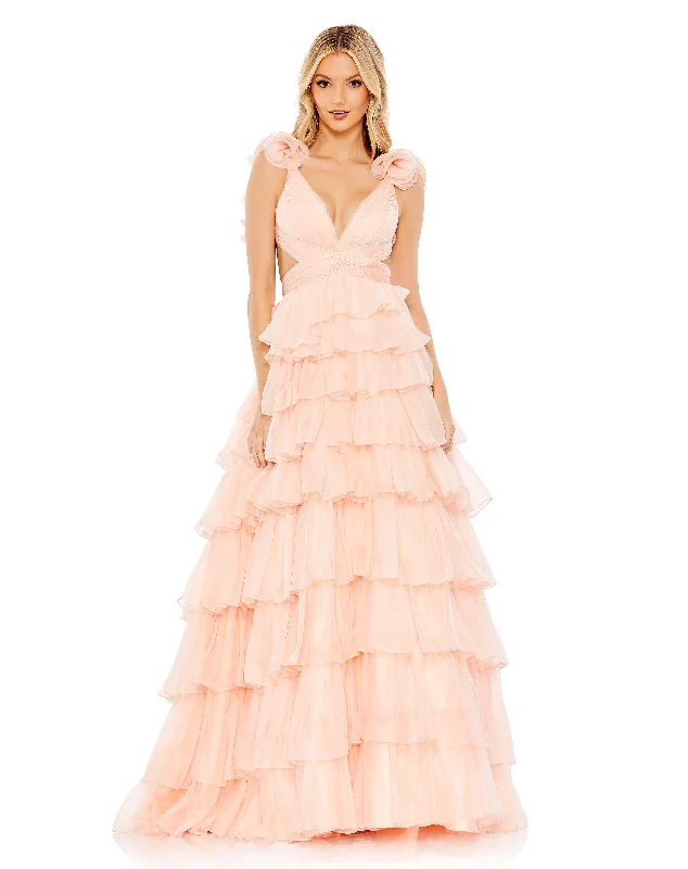 Pink Ruffled Lace Up Back Ballgown Lace Dress Glamorous