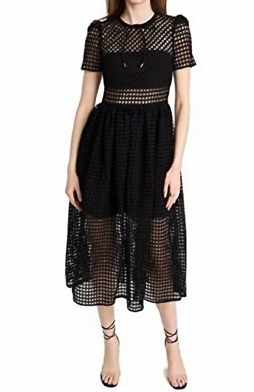 Grid Round Neck Puff Sleeve Crochet Lace Midi Dress In Black Lace Detail Gown