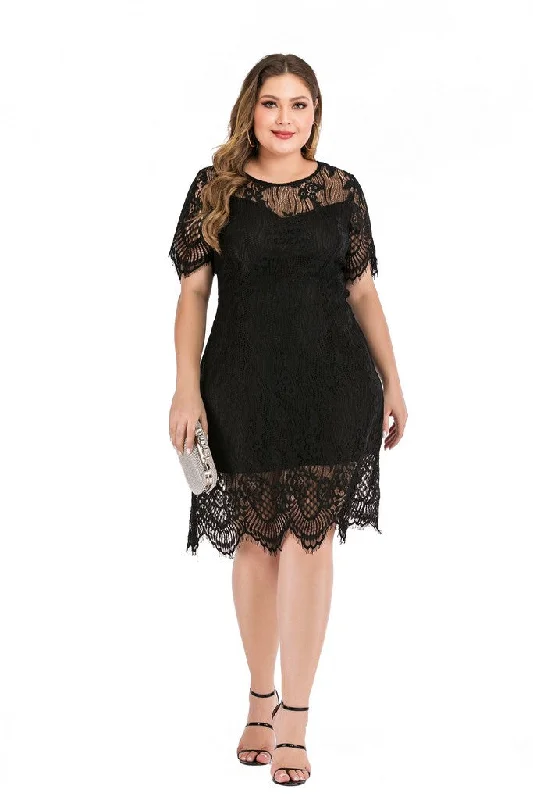 Black Evening Fitted Crewneck Short Sleeve Knee Lace Dress Lace Gown Glam