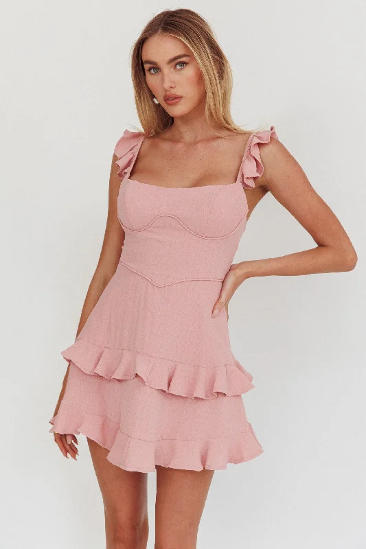 Moonlit Moment Ruffle Trim Piping Detail Lace-Up Back Dress Dusty Rose Lace Fit-and-Flare