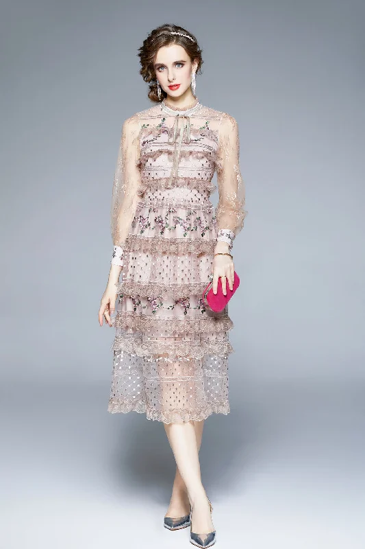 Light pink Evening Lace Ruffled A-line Crewneck Bracelet Midi Dress Lace Dress Sparkly