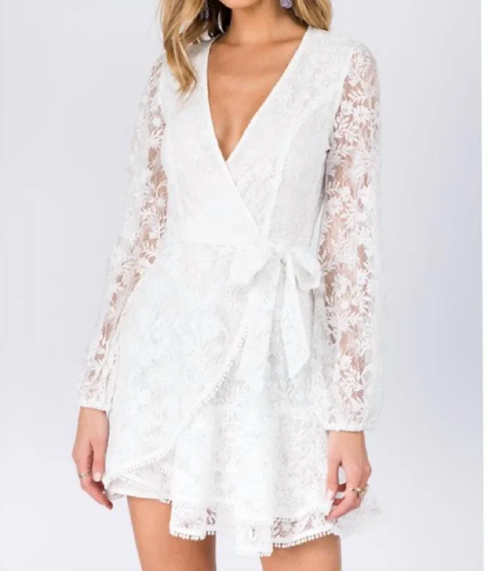 Lace Long Sleeve Mini Dress In White Lace Cocktail Gown