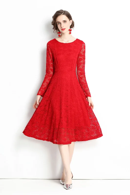 Red Evening Lace A-line Boatneck Long Sleeve Midi Classic Dress Simple Lace Gown