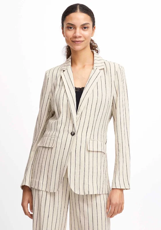 B.Young Johanna Striped Blazer, Linen Black Women's military-style jackets