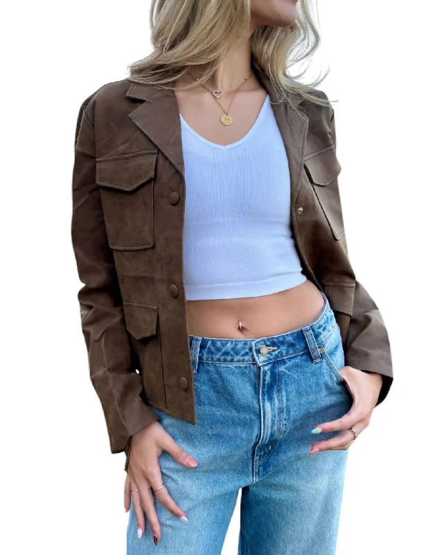 Faux Leather Collar Neck Pocket Jacket In Brown Women's designer jackets