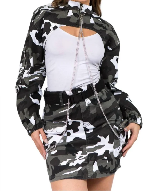 Edgy Camo Cropped Jacket With Chains In City Camo Women's business casual jackets