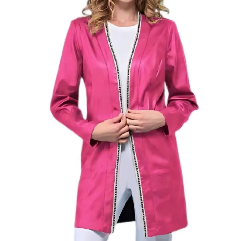 Long Vegan Leather Jacket In Magenta Women's thermal jackets