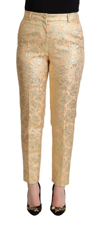 Elegant High-waisted Pink Brocade Pants