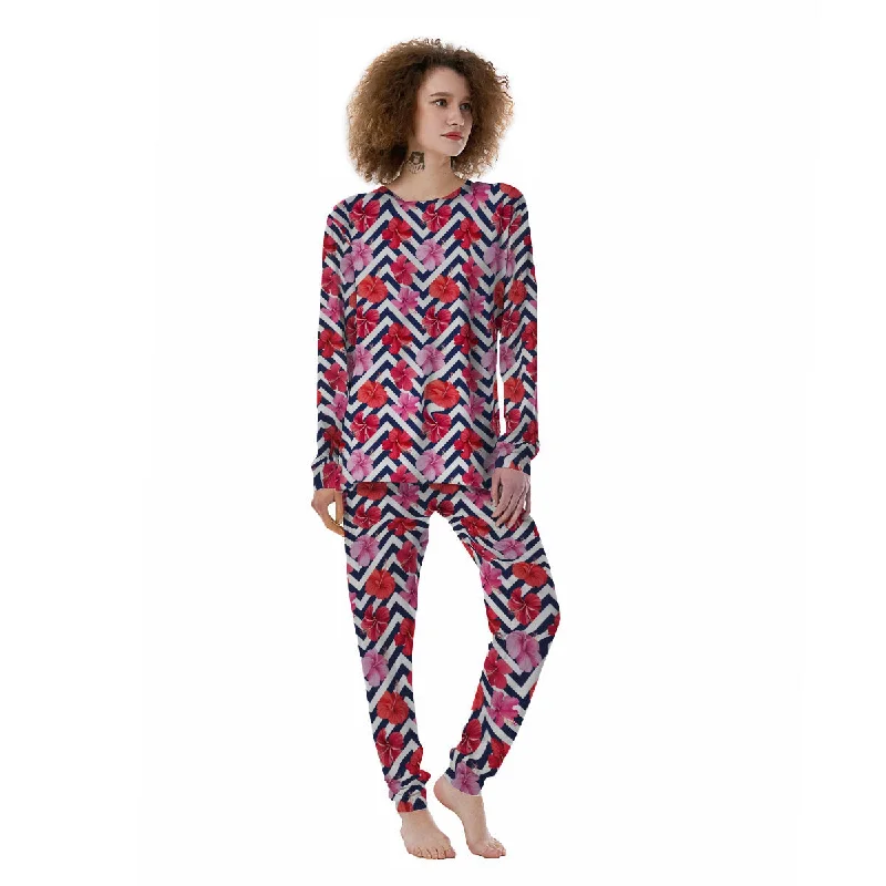 Hibiscus Zigzag Pink Print Pattern Women's Pajamas Custom pajama sets with names