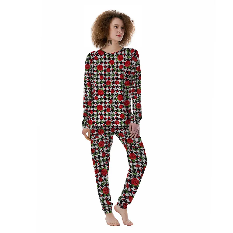 Houndstooth Red Roses Print Pattern Women's Pajamas Calvin Klein pajama sets