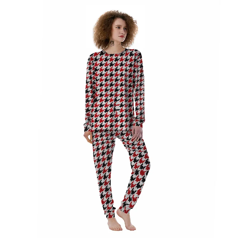 Houndstooth White And Red Print Pattern Women's Pajamas Travel pajama sets