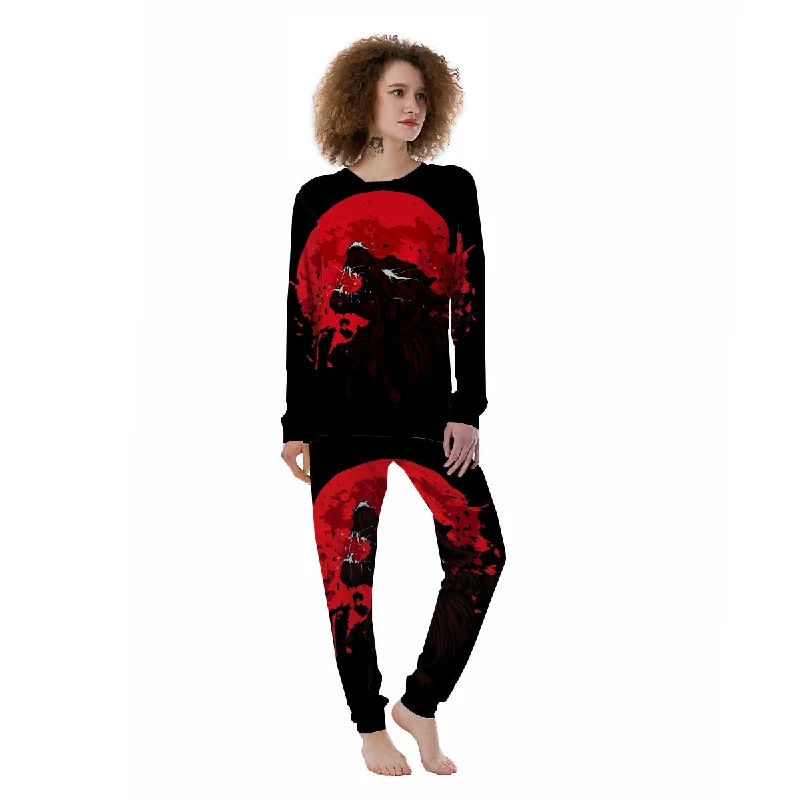 Howling Wolf Red Moon Print Women's Pajamas Shorts pajama sets