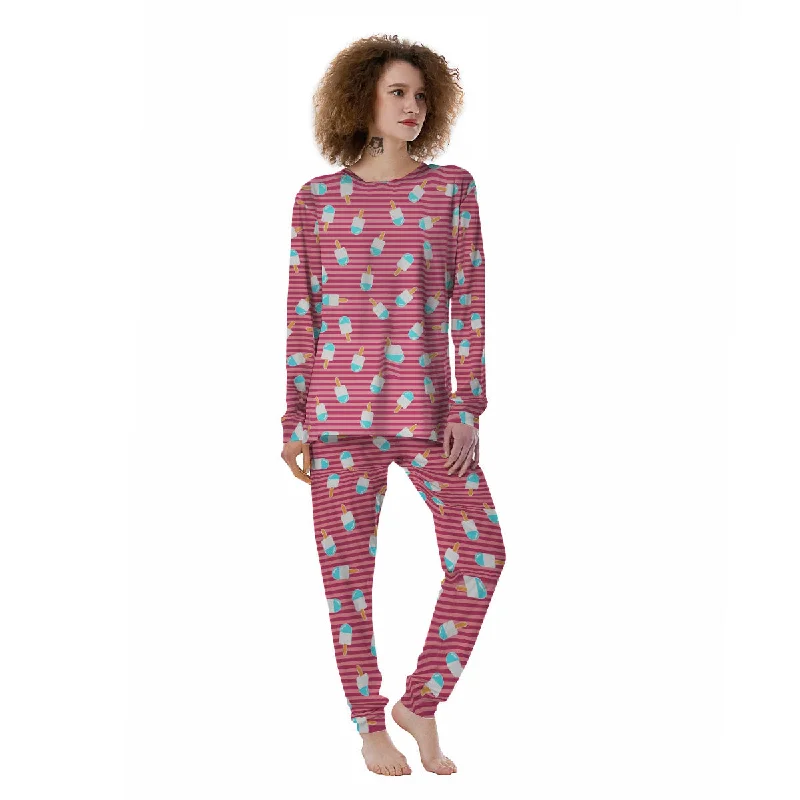 Ice Cream Pink Striped Print Pattern Women's Pajamas Cartoon pajama sets