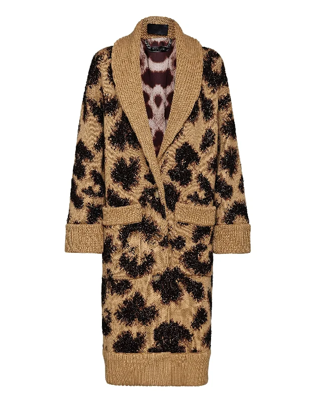 Cardigan Long Jacquard Lurex Leopard Cozy knit sweaters for winter