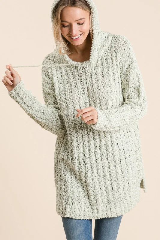 LT. GREEN POPCORN KNIT LOOSE-FIT HOODIE SWEATER RJS1823 Classic sweaters