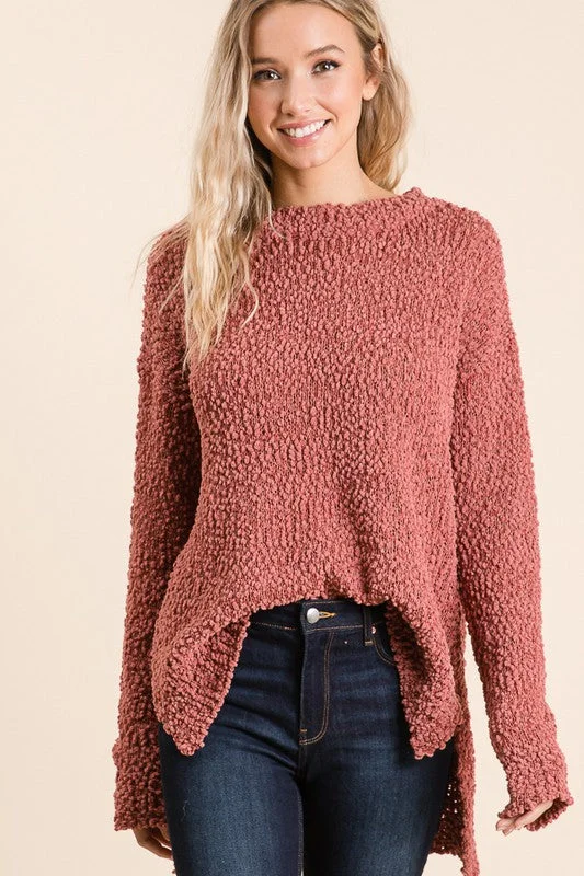 PEACH SOFT KNIT POPCORN HI-LOW HEM SWEATER RJS1819-C1 Best sweaters for cozy nights