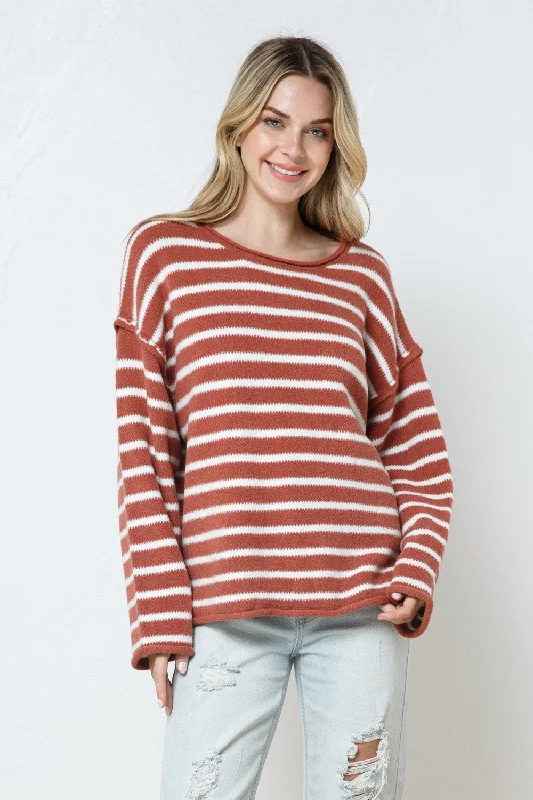 RUST STRIPE RIBBED LONG SLEEVES KNIT SWEATER  SW7520 Lightweight sweaters