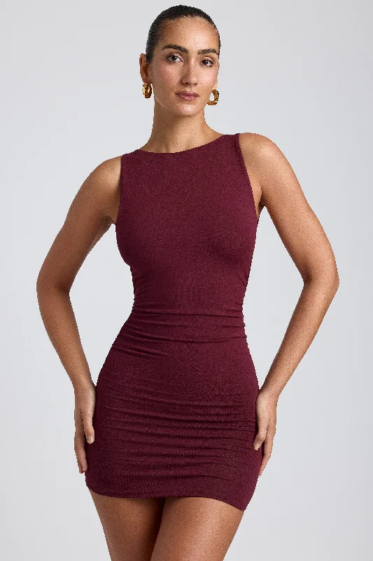 Modal High-Neck Open-Back Mini Dress in Plum Smocked mini dresses