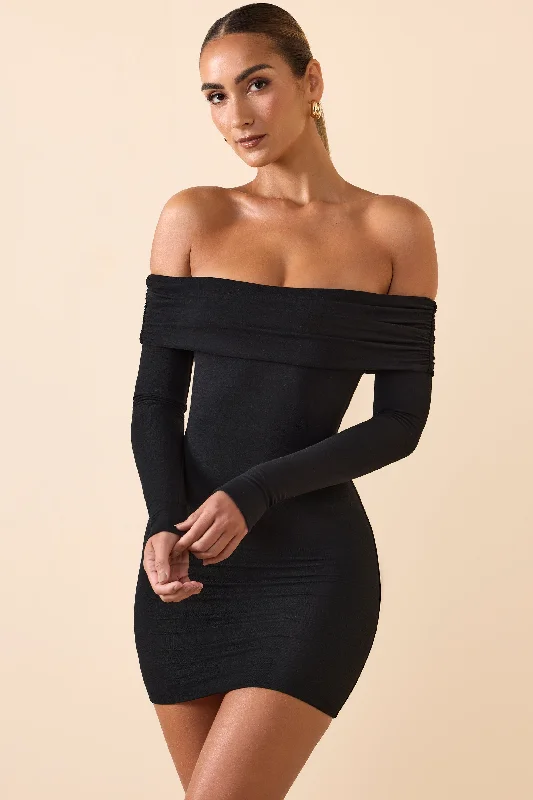 Modal Off-Shoulder Mini Dress in Black Chiffon mini dresses