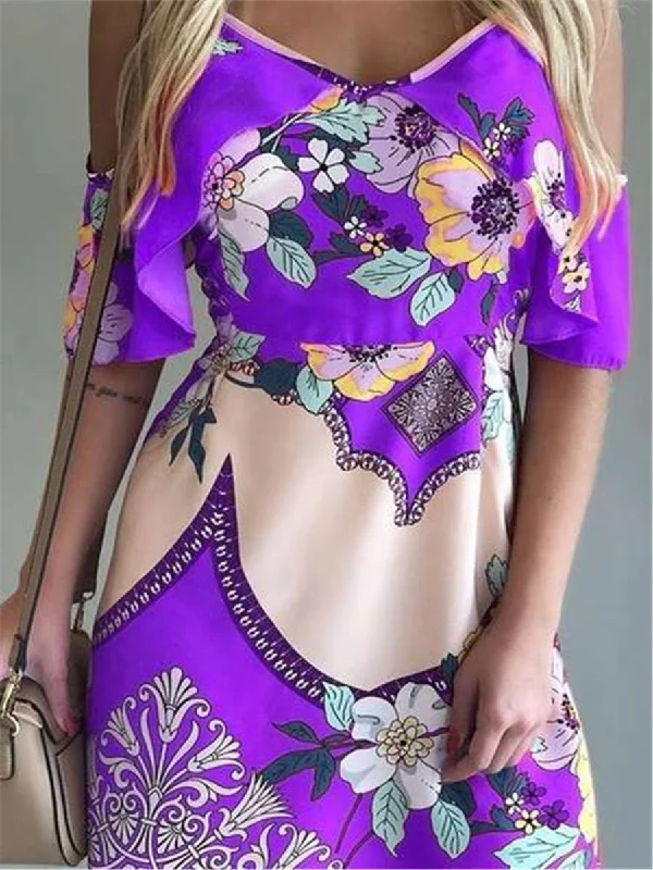 V Neck Off Shoulder Ethnic Print Mini Dress Sleeveless mini dresses