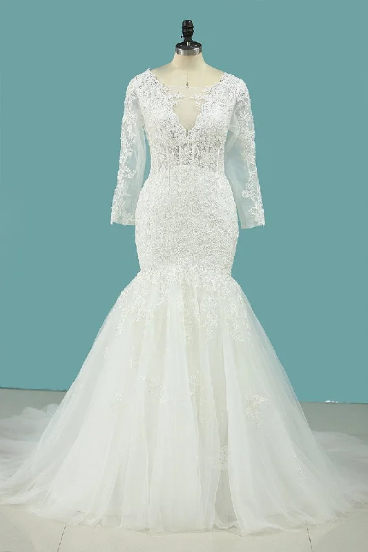 Elegant Mermaid Wedding Dresses Scoop Tulle With Appliques Long Sleeves Zipper Up Vintage Wedding Gown