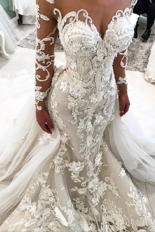 2024 Detachable Train Long Sleeves Scoop Mermaid Wedding Dresses With PDY72H98 Embroidered Wedding Dress