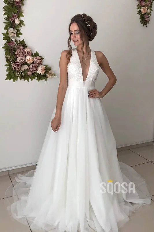 A-line Attractive V-neck Beaded Rustic Wedding Dress Bridal Gown QW2150 Princess Bridal Dress