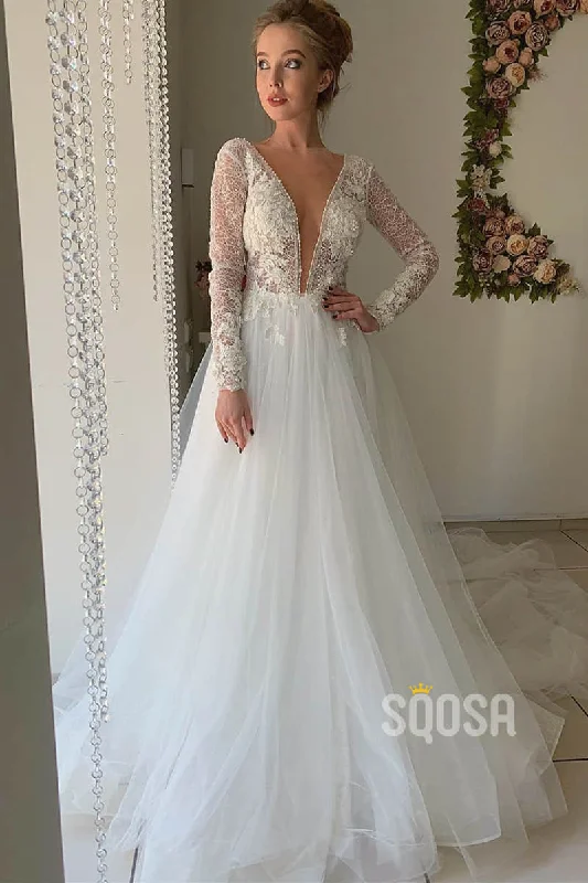 A-line Attractive V-neck Lace Long Sleeves Wedding Dress with Court Train QW2141 Off-shoulder Bridal Dress