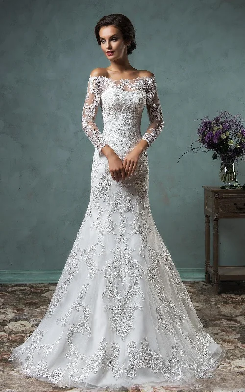 A-Line Mini Off-The-Shoulder Long Sleeve Bell Beading Appliques Button Lace Sequins Dress-713576 White Lace Gown