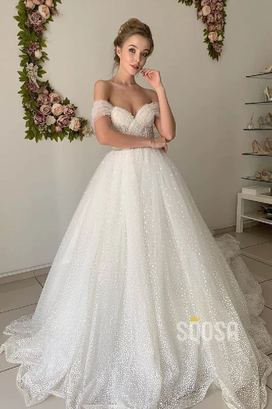 A-line Off-the-Shoulder Chic Tulle Pearls Rustic Wedding Dress Bridal Gown QW2148 Soft Wedding Gown