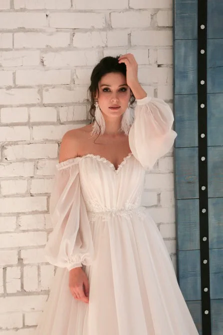 Appliqued Elegant Chiffon Sweetheart Wedding Dress With Long Off-Shoulder Sleeves-715641 Satin Bridal Gown