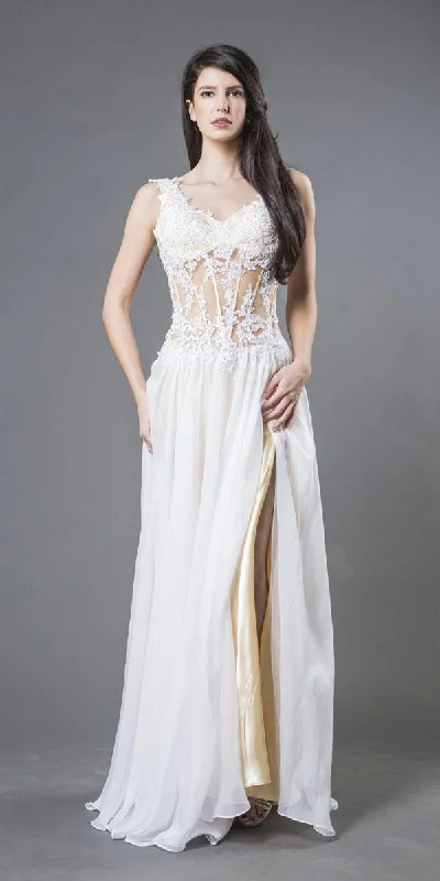 J&J Fashion 104 Appliqued Sheer Bodice Long Formal Dress Sexy Satin Gown