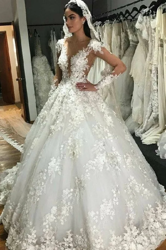 Bateau Long Sleeve Backless Floor-Length Princess Wedding Dress with Lace Appliques and Ruffles Glitter Wedding Dress