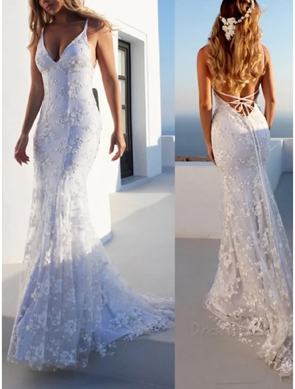 Beach Open Back Boho Wedding Dresses Mermaid / Trumpet Sweetheart Camisole Spaghetti Strap Sweep / Brush Train Lace Bridal Gowns With Appliques Sparkling Wedding Dress