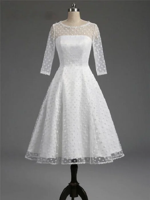 Classic Polka Dot White Short Wedding Dress with Sleeves | 1950s Pin Up Bridal Gown Beautiful Lace Gown