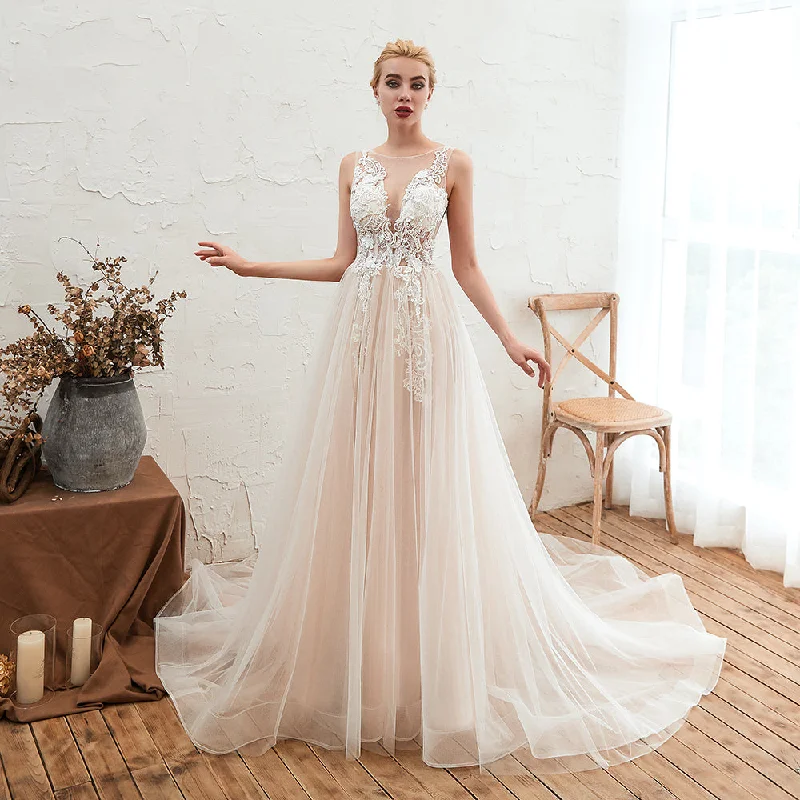 Delicate A-Line Bateau Tulle Open Back Wedding Dress with Floral Lace Empire Waist Gown