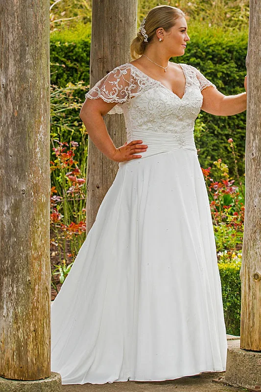 Delicate Iris Plus Size V-neck Lace Sleeve Wedding Dress-MK_705851 Beautiful Bridal Gown