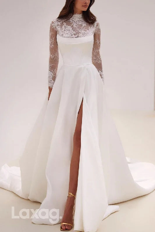 22872 - A-Line High-Neck Long Sleeves Lace High Slit Wedding Dress with Train A-line Bridal Dress