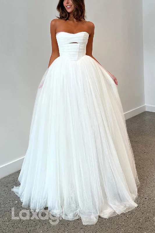 22873 - A-Line Strapless Tulle Sleek Satin Elegant Wedding Dress with Train Chic Lace Dress