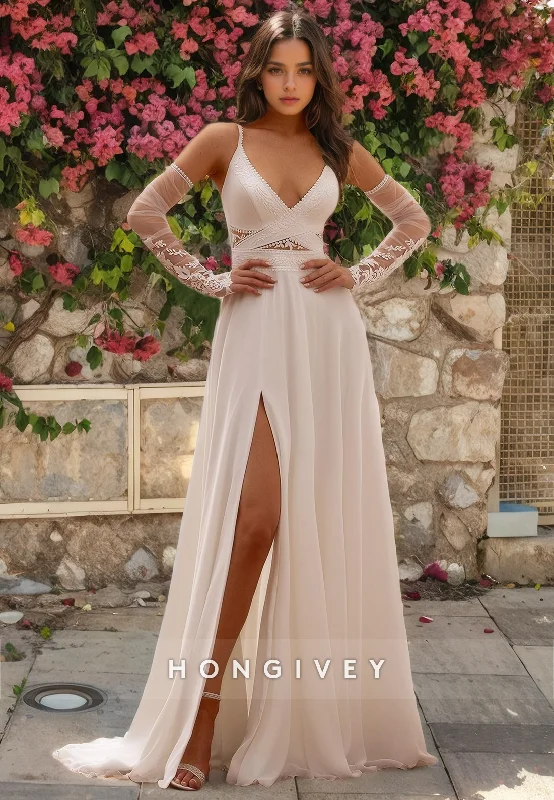 H1544 - Sexy Satin A-Line V-Neck Spaghetti Straps Empire Appliques With Side Slit Wedding Dress Simple Wedding Dress