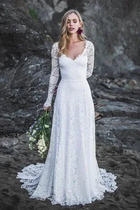 Elegant A-Line Lace Long Sleeve Wedding Gown With V-Neck And Keyhole Back-715743 Romantic Lace Dress